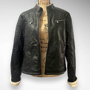 CHAPS Women's‎ Black Faux Leather Mid-Length Motorcyle Jacket XL | EUC